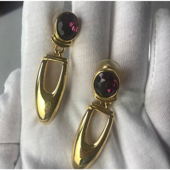 Vintage 80s 90s Gold Toned Pierced Earrings Purple Stone Door Knocker Regency - Picture 3 of 7
